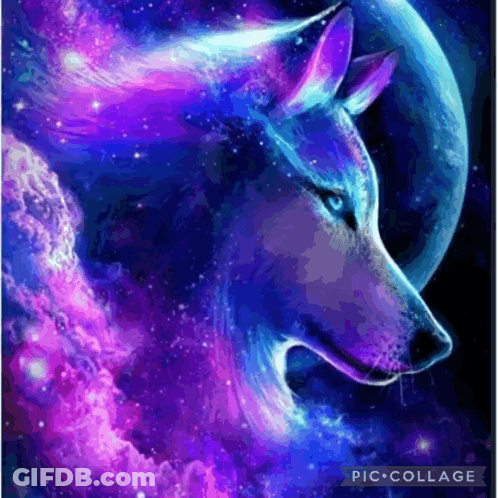 A Purple And Blue Painting Of A Wolf With A Galaxy Background GIF