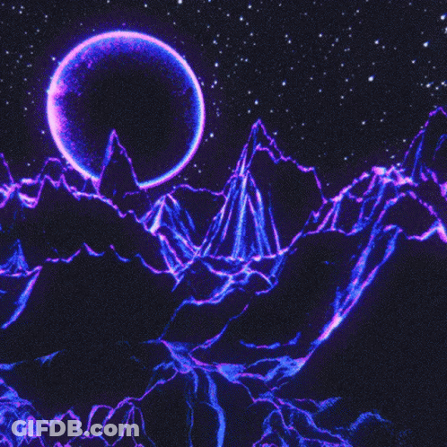 A Purple And Blue Painting Of Mountains With A Glowing Planet In The Background . GIF