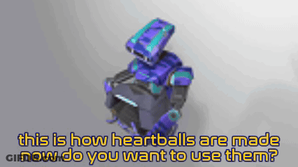 A Purple And Blue Robot With The Words " This Is How Heartballs Are Made Now Do You Want To Use Them " Below It GIF