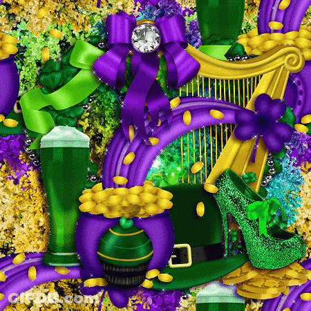 A Purple And Green Background With A Purple Bow On Top GIF