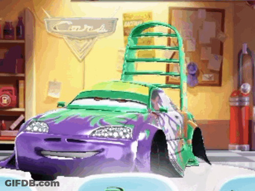A Purple And Green Car In A Garage With A Cars Sign Above It GIF