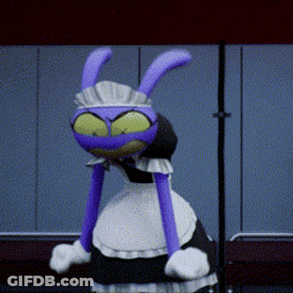 A Purple And Green Cartoon Character Wearing A Maid Costume GIF