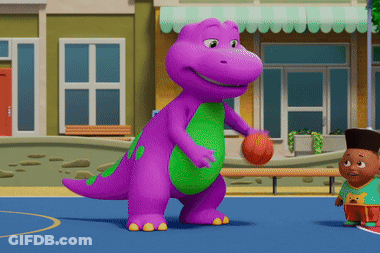 A Purple And Green Dinosaur Holding A Basketball On A Court GIF