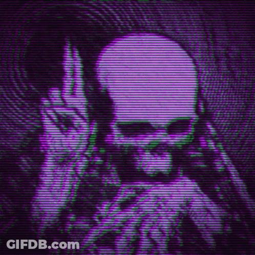 A Purple And Green Image Of A Skull With A Beard . GIF