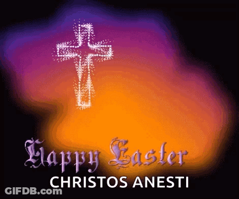 A Purple And Orange Background With A Cross And The Words Happy Easter GIF
