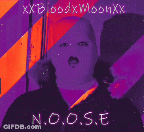 A Purple And Orange Poster With A Person Wearing A Mask And The Words Noose On It GIF