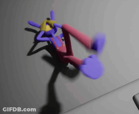 A Purple And Pink Cartoon Character Is Falling Down A Wall . GIF