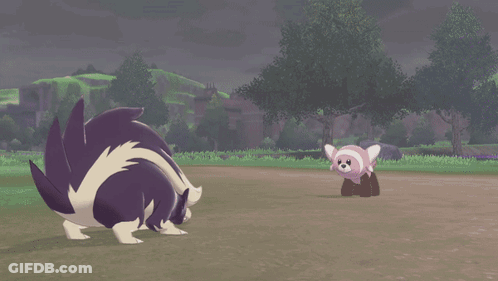A Purple And White Animal Is Standing Next To A Smaller Animal In A Field GIF