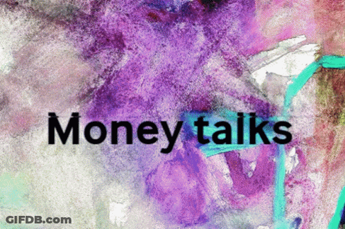 A Purple And White Background With The Words Money Talks GIF