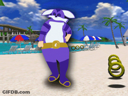 A Purple And White Cartoon Character Is Standing On A Sandy Beach GIF