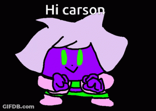 A Purple And White Cartoon Character With The Name Hi Carson Written Above It GIF