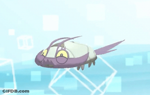 A Purple And White Cartoon Character With Yellow Eyes Is Floating In The Air . GIF