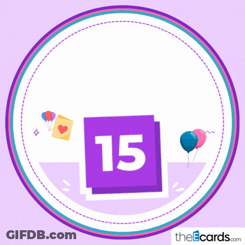 A Purple And White Circle With The Words Happy Birthday 15 On It GIF