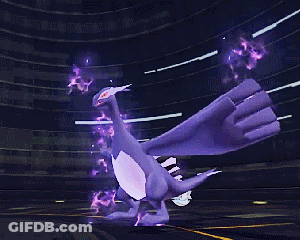 A Purple And White Dragon Is Flying Through A Dark Room GIF