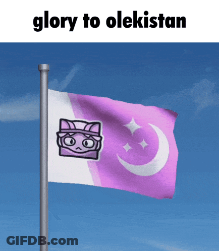 A Purple And White Flag With The Words Glory To Olekistan Written Above It GIF