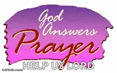 A Purple And White Logo That Says `` God Answers Prayer Help Us Lord '' . GIF