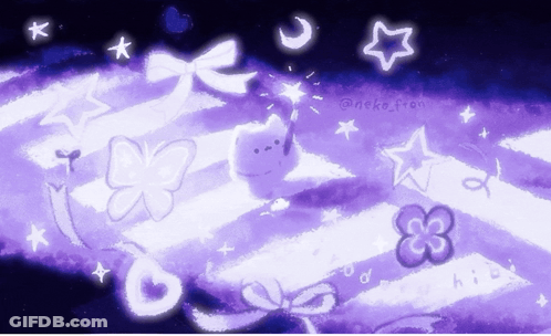 A Purple And White Striped Background With A Cat Butterfly And Star GIF