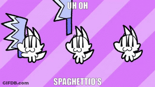 A Purple And White Striped Background With Three Cartoon Characters And The Words Spaghettio 'S GIF