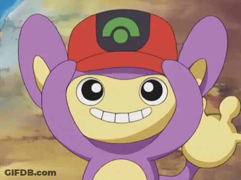 A Purple And Yellow Cartoon Character Wearing A Red Hat With A Green C On It GIF