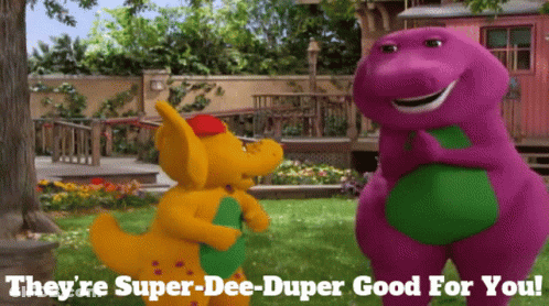 A Purple And Yellow Stuffed Animal With The Words They 'Re Super-Dee-Duper Good For You GIF