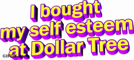 A Purple And Yellow Text That Says `` I Bought Myself Esteem At Dollar Tree '' GIF