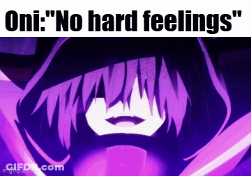 A Purple Anime Character With The Words " Oni : No Hard Feelings " On The Bottom GIF