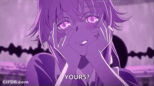 A Purple Anime Girl Is Making A Funny Face And Asking , `` Yours ? '' GIF