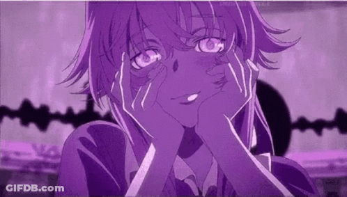 A Purple Anime Girl Is Making A Funny Face With Her Hands On Her Face . GIF