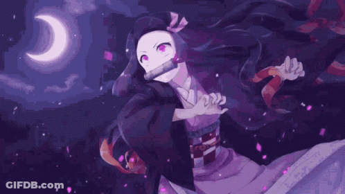 A Purple Anime Girl Is Standing In Front Of A Crescent Moon In The Night Sky . GIF