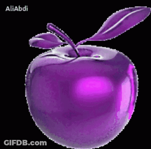 A Purple Apple With A Black Background And The Name Aliabdi On It GIF