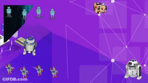 A Purple Background With A Bunch Of Robots Dancing GIF