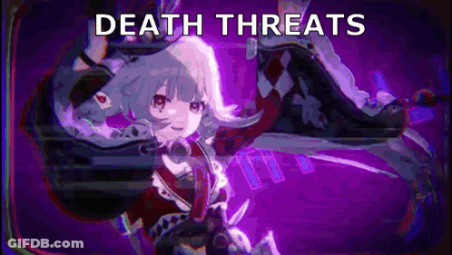 A Purple Background With A Cartoon Character And The Words `` Death Threats '' Written On It . GIF