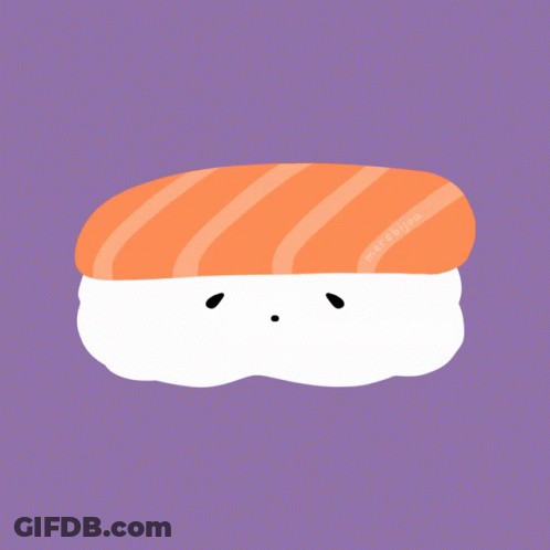 A Purple Background With A Cartoon Drawing Of A Sushi And The Name Mrs.bijuk GIF