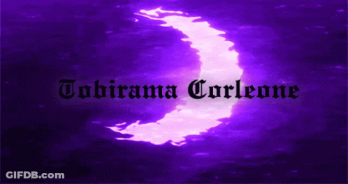 A Purple Background With A Crescent Moon And The Name Tabirama Carleone On It GIF