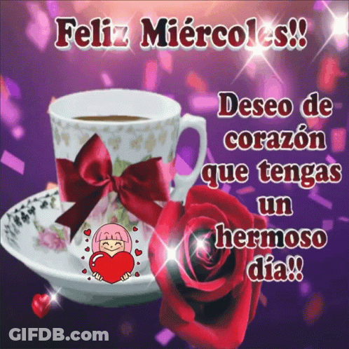 A Purple Background With A Cup Of Coffee And A Red Rose With The Words Feliz Miercoles GIF