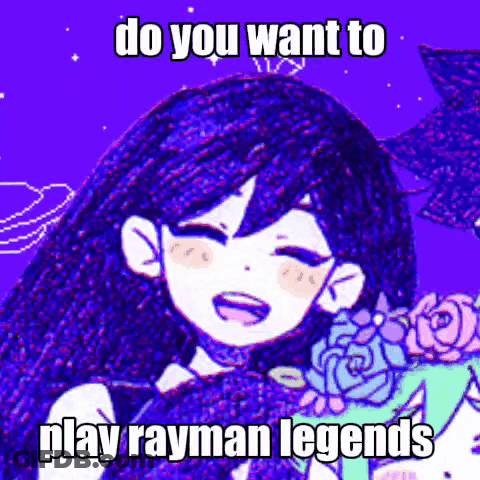 A Purple Background With A Girl And The Words Do You Want To Play Rayman Legends On It GIF