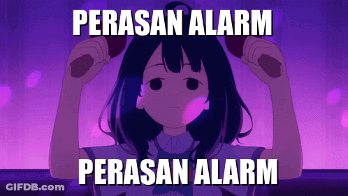 A Purple Background With A Girl And The Words Perasan Alarm GIF