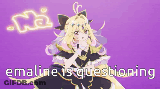 A Purple Background With A Girl In A Black Dress And The Words " Emaline Is Questioning " GIF