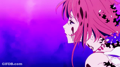 A Purple Background With A Girl With Pink Hair And Bats In Her Hair GIF