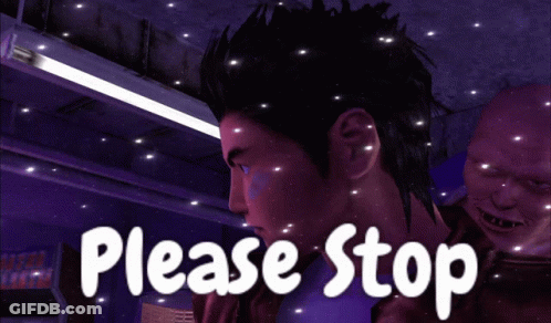A Purple Background With A Man And The Words Please Stop On It GIF
