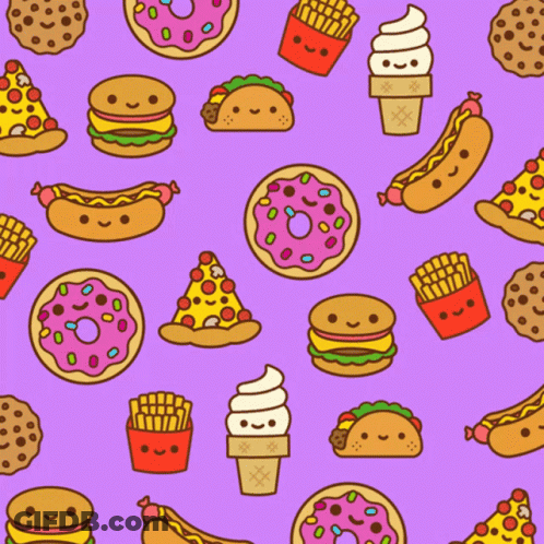 A Purple Background With A Pattern Of Fast Food Including A Donut A Hamburger A Hot Dog And A Cookie GIF