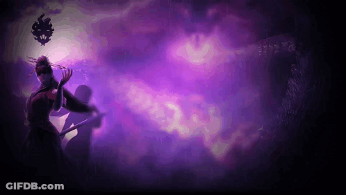 A Purple Background With A Person Holding A Sword In The Foreground GIF