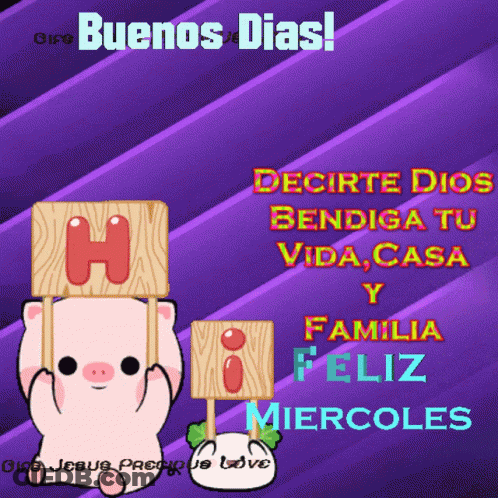 A Purple Background With A Pig Holding A Sign That Says " Buenos Dias " GIF