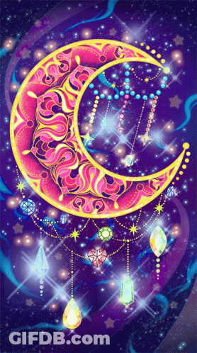 A Purple Background With A Pink Crescent Moon Surrounded By Crystals And Stars GIF