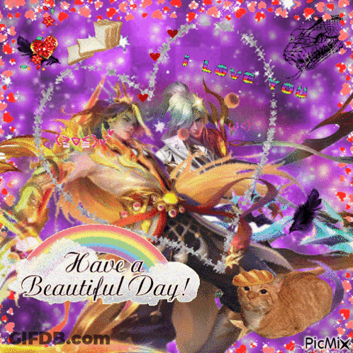 A Purple Background With A Rainbow And The Words Have A Beautiful Day On It GIF