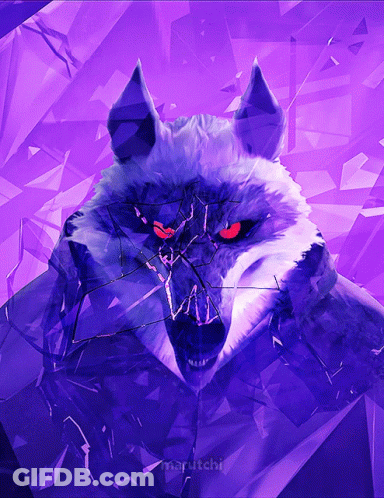 A Purple Background With A Wolf With Red Eyes And The Word Marutchi On The Bottom GIF