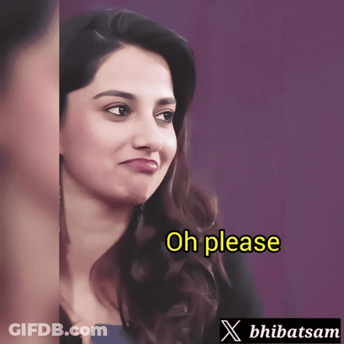 A Purple Background With A Woman And The Words Oh Please GIF