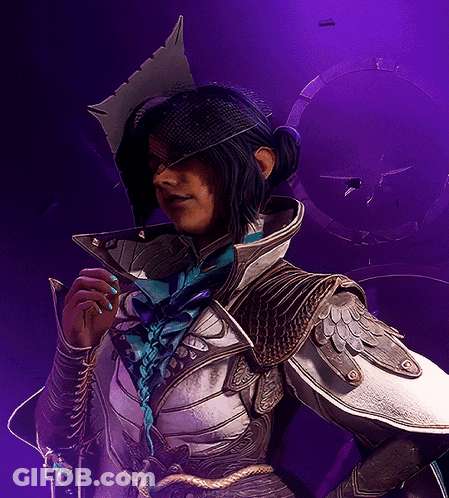 A Purple Background With A Woman In A Costume GIF