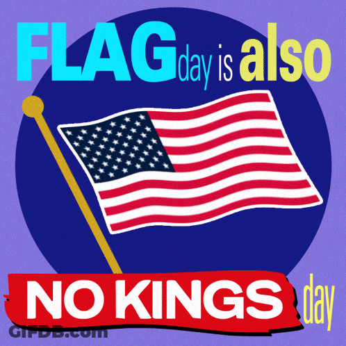 A Purple Background With An American Flag And The Words Flag Day Is Also No Kings Day GIF