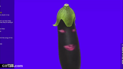 A Purple Background With An Eggplant With A Green Leaf On Top Of It GIF